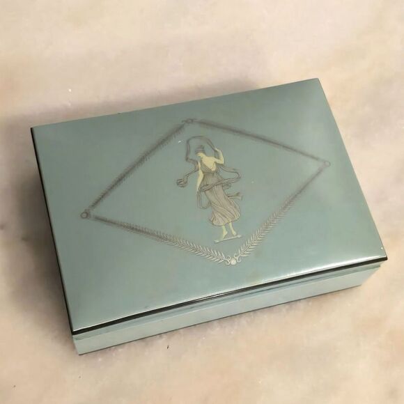 1920 Lucite Empire Turquoise Vanity Trinket Box Art Deco Jewelry box Greek Theme - Picture 1 of 12